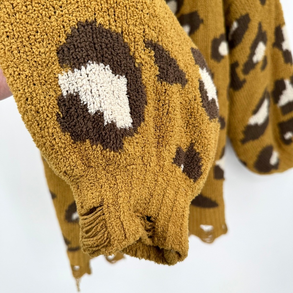 A Beautiful Soul Yellow/Brown Leopard Print Chunky  Distressed Sweater Cardigan - Picture 5 of 12